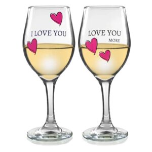 banberry designs lover's wine glass set - i love you, love you more - set of 2 - sweethearts wine glasses with decorative hearts - his and her romantic glassware 7 3/4" h 12 oz