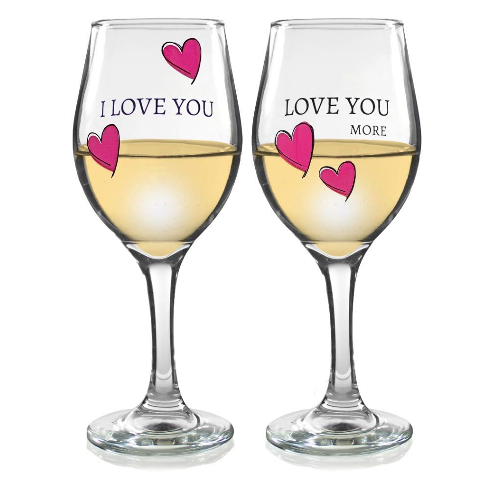 BANBERRY DESIGNS Lover's Wine Glass Set - I Love You, Love You More - Set of 2 - Sweethearts Wine Glasses with Decorative Hearts - His and Her Romantic Glassware 7 3/4" H 12 oz