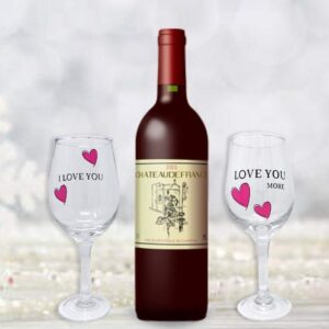 BANBERRY DESIGNS Lover's Wine Glass Set - I Love You, Love You More - Set of 2 - Sweethearts Wine Glasses with Decorative Hearts - His and Her Romantic Glassware 7 3/4" H 12 oz