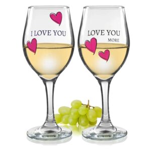 BANBERRY DESIGNS Lover's Wine Glass Set - I Love You, Love You More - Set of 2 - Sweethearts Wine Glasses with Decorative Hearts - His and Her Romantic Glassware 7 3/4" H 12 oz