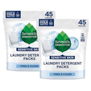 seventh generation laundry detergent packs, free & clear, made for sensitive skin, 90 loads (2 pouches, 45 ct ea)