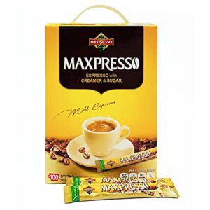 maxpresso 3 in 1 korean instant coffee mix - single serve sticks 100 packets with creamer and sugar premium hot or iced coffee blend rich flavor