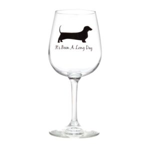 drinking divas - it's been a long day 13oz stemmed wine glass | fun glassware with dachshund, wiener dog | birthday, christmas or mother's day gifts for women mom sister or special occasion present