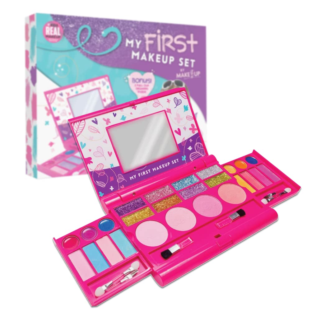 My First Makeup Set for Young Girls I Kids Makeup Kit for Little Girls I Foldable Makeup Palette with Makeup Mirror I Pink Set Makeup for Kids Vanity I Original Design Washable Toddler Makeup Kit Gift