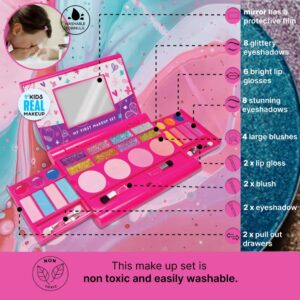 My First Makeup Set for Young Girls I Kids Makeup Kit for Little Girls I Foldable Makeup Palette with Makeup Mirror I Pink Set Makeup for Kids Vanity I Original Design Washable Toddler Makeup Kit Gift