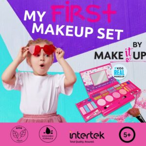 My First Makeup Set for Young Girls I Kids Makeup Kit for Little Girls I Foldable Makeup Palette with Makeup Mirror I Pink Set Makeup for Kids Vanity I Original Design Washable Toddler Makeup Kit Gift