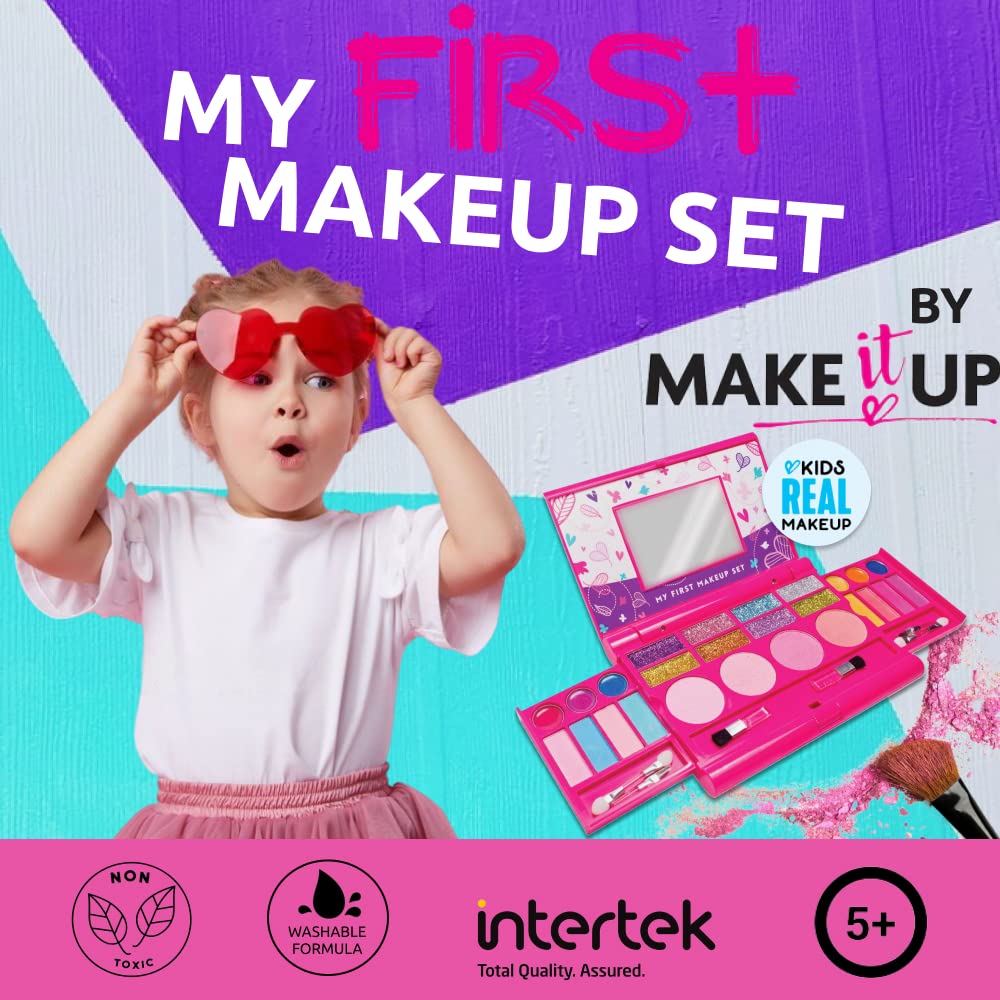 My First Makeup Set for Young Girls I Kids Makeup Kit for Little Girls I Foldable Makeup Palette with Makeup Mirror I Pink Set Makeup for Kids Vanity I Original Design Washable Toddler Makeup Kit Gift