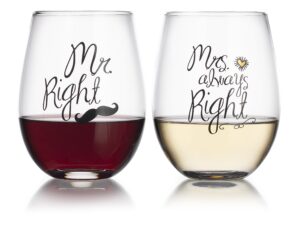 personalized gift set of two 19 oz. mr right & mrs always right stemless red or white wine glass - unique novelty - gag gift- great for wedding, couples, anniversary & housewarming gift