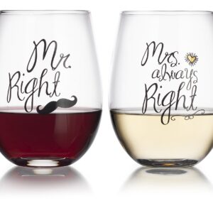 Personalized Gift Set Of Two 19 Oz. Mr Right & Mrs Always Right Stemless Red Or White Wine Glass - Unique Novelty - Gag Gift- Great For Wedding, Couples, Anniversary & Housewarming Gift