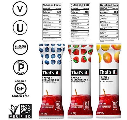 That's it. Variety Pack 100% Natural Real Fruit Bar, Best High Fiber Vegan, Gluten Free Healthy Snack, Paleo for Children & Adults, Non GMO No Added Sugar, No Preservatives Energy Food (12 Pack)