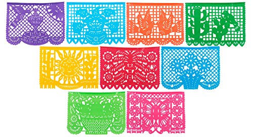 Paper Full of Wishes Festival Mexicano Large Plastic Papel Picado Banner, 9 Multi-Colored Panels 15 feet Long