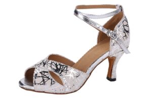 tda women's flared heel comfort peep toe silver leather salsa tango ballroom latin modern dance wedding shoes 8.5 m us
