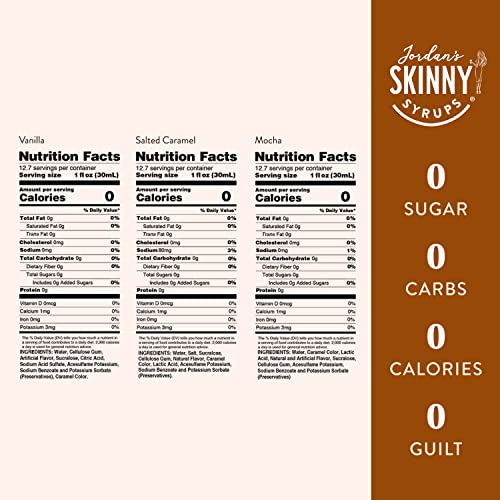 Jordan's Skinny Syrups Sugar Free Coffee Syrup, Vanilla, Salted Caramel & Mocha Syrups, Zero Calorie Flavoring for Latte & More, Gluten-Free, Keto Friendly, 12.7 Fl Oz, 3 Variety Pack