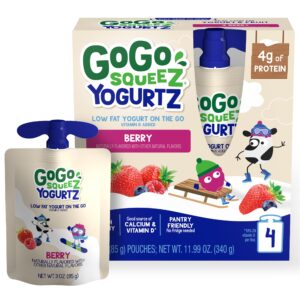 gogo squeez yogurtz berry, 3 oz (pack of 4), kids snacks made from real yogurt and fruit, pantry friendly, no fridge needed, gluten free and nut free, recloseable cap, bpa free pouches