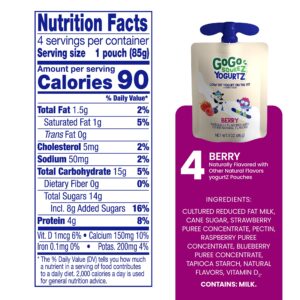 GoGo squeeZ yogurtZ Berry, 3 oz (Pack of 4), Kids Snacks Made from Real Yogurt and Fruit, Pantry Friendly, No Fridge Needed, Gluten Free and Nut Free, Recloseable Cap, BPA Free Pouches