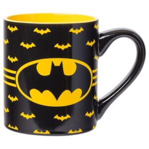 silver buffalo dc comics batman logo with bat pattern ceramic coffee mug, 14 ounces, black/yellow, (bn8632)