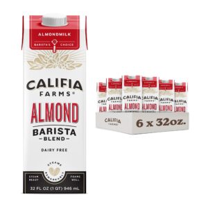 califia farms - original almond barista blend almond milk 32 oz (pack of 6), shelf stable, dairy free, plant based, vegan, gluten free, non gmo, high calcium, milk frother, creamer