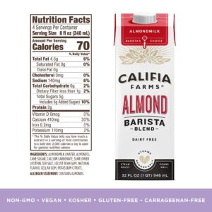 Califia Farms - Original Almond Barista Blend Almond Milk 32 Oz (Pack Of 6), Shelf Stable, Dairy Free, Plant Based, Vegan, Gluten Free, Non GMO, High Calcium, Milk Frother, Creamer