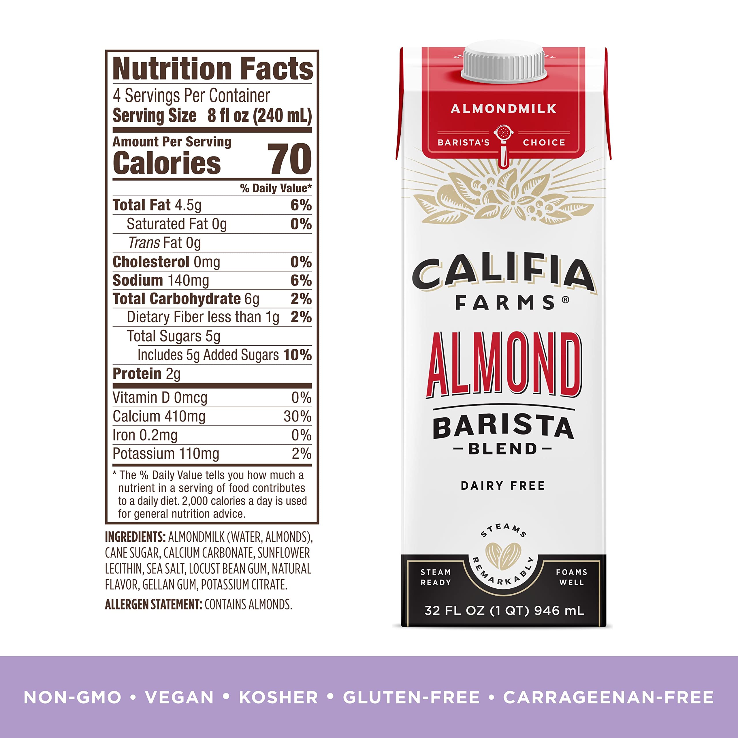 Califia Farms - Original Almond Barista Blend Almond Milk 32 Oz (Pack Of 6), Shelf Stable, Dairy Free, Plant Based, Vegan, Gluten Free, Non GMO, High Calcium, Milk Frother, Creamer