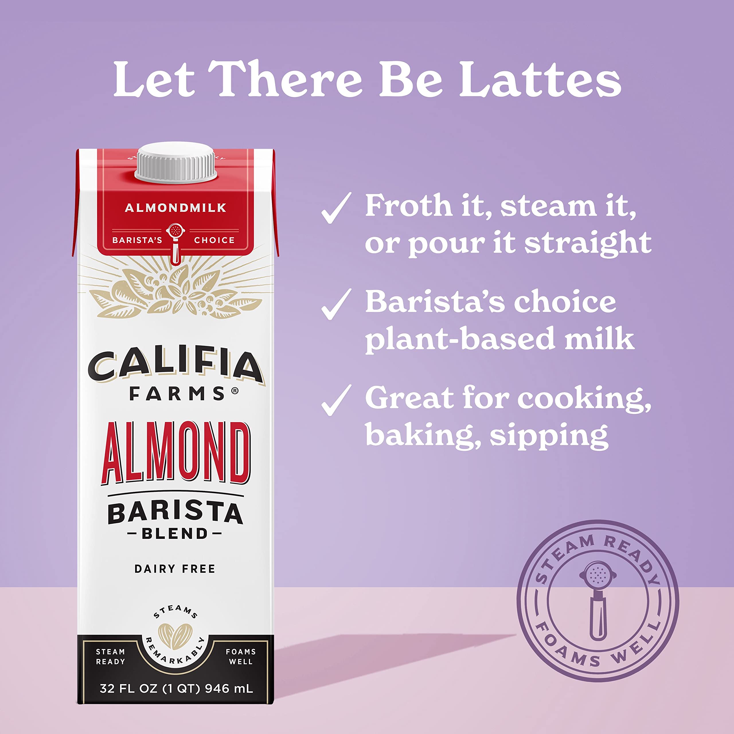 Califia Farms - Original Almond Barista Blend Almond Milk 32 Oz (Pack Of 6), Shelf Stable, Dairy Free, Plant Based, Vegan, Gluten Free, Non GMO, High Calcium, Milk Frother, Creamer