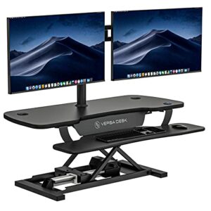 versadesk powerpro electric height-adjustable desktop riser, 40" standing desk converter, sit to stand desktop, keyboard tray, usb charging port, black