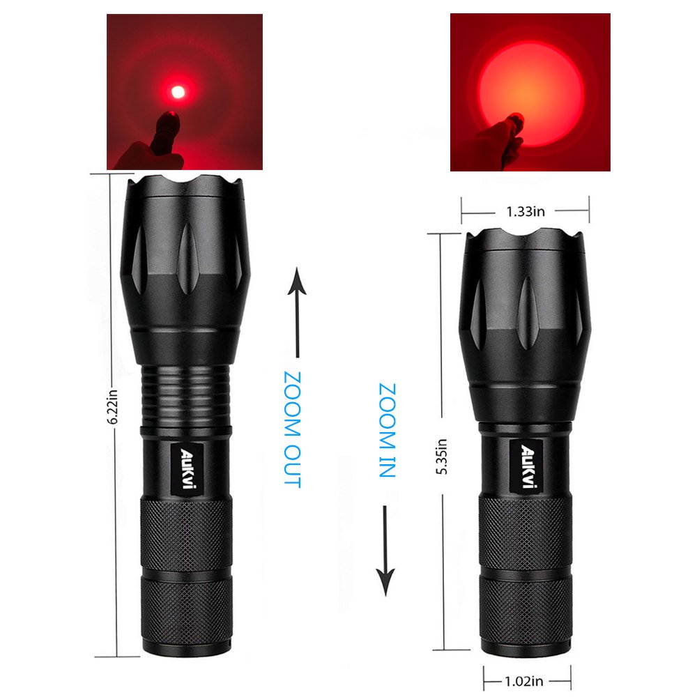 AuKvi 2 Pcs Powerful Red LED Flashlight Single Mode Long Range Red Hunting Light Torch Zoombale, Waterproof Red Torch Best for Astronomy, Aviation, Night Observation,etc