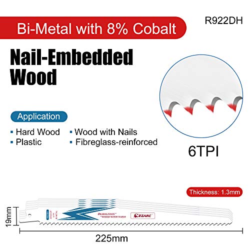 EZARC Reciprocating Saw Blade Bi-Metal Cobalt Sabre Saw Blades for Wood Demolition 9-Inch 6TPI R922DH (5-Pack)