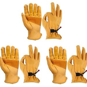 OZERO Leather Work Gloves for Men: Large 3 Pairs Cowhide Leather Working Gloves for Driving Heavy Duty Mechanic Ranch - Women Gardening Leather Glove