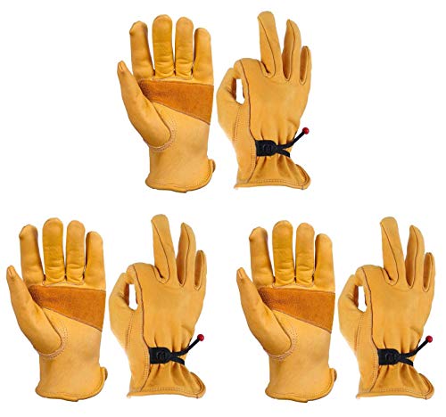 OZERO Leather Work Gloves for Men: Large 3 Pairs Cowhide Leather Working Gloves for Driving Heavy Duty Mechanic Ranch - Women Gardening Leather Glove