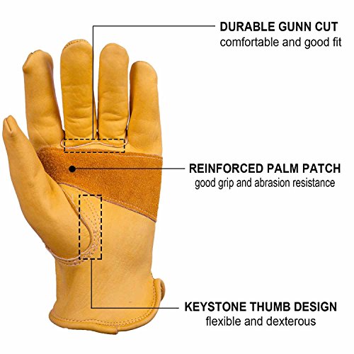 OZERO Leather Work Gloves for Men: Large 3 Pairs Cowhide Leather Working Gloves for Driving Heavy Duty Mechanic Ranch - Women Gardening Leather Glove