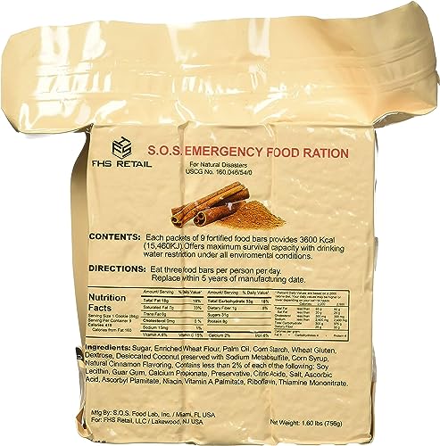 SOS Food Rations Emergency 3600 Calories Cinnamon Flavor Food Bar - 3 Day / 72 Hour Package with 5 Year Shelf Life- 1 Pack