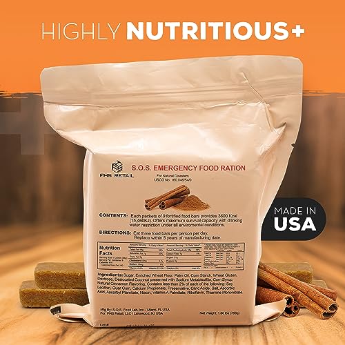 SOS Food Rations Emergency 3600 Calories Cinnamon Flavor Food Bar - 3 Day / 72 Hour Package with 5 Year Shelf Life- 1 Pack