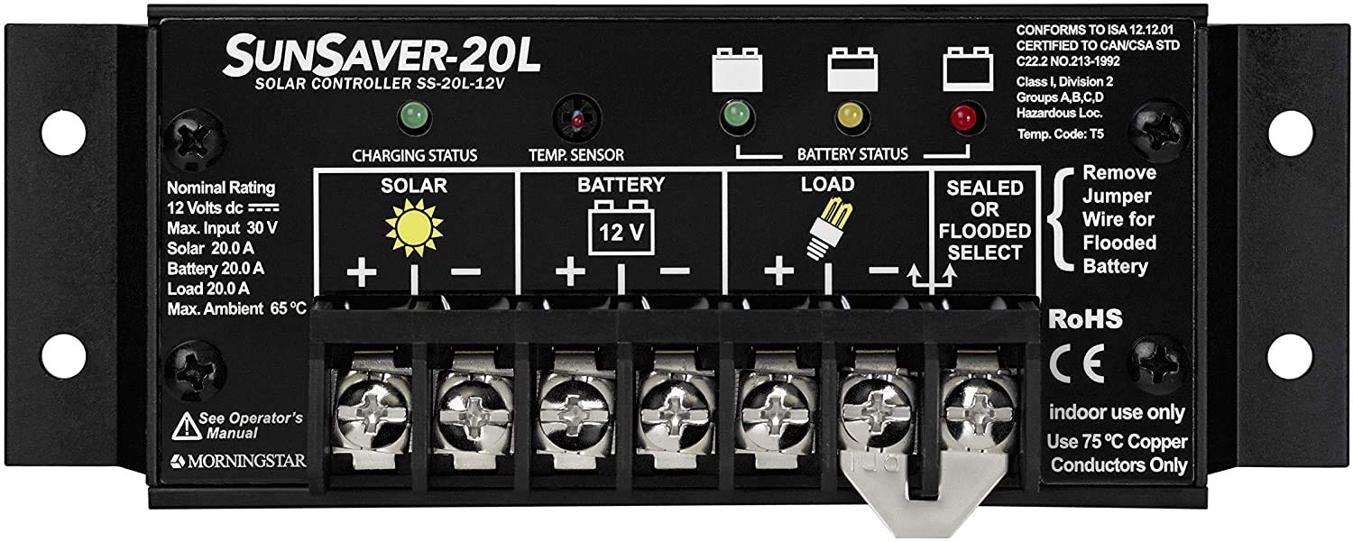 Morningstar SunSaver 20A PWM Solar Charge Controller 12V Batteries LVD, Solar Panel Controller Battery Controller Solar Controller 12V, Lowest Fail Rate Charge Controllers for Solar Panels