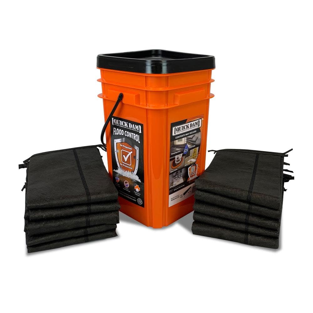 Quick Dam Grab & Go Flood Kit includes 10- 5-ft Flood Barriers in Bucket (QDGG5-10), Orange