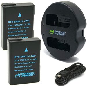 wasabi power battery (2-pack) & dual charger for nikon en-el14, en-el14a & nikon d3100, d3200, d3300, d3400, d3500, d5100, d5200, d5300, d5500, d5600, df, coolpix p7100, coolpix p7700, coolpix p7800