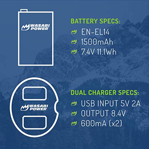 Wasabi Power Battery (2-Pack) & Dual Charger for Nikon EN-EL14, EN-EL14a & Nikon D3100, D3200, D3300, D3400, D3500, D5100, D5200, D5300, D5500, D5600, Df, Coolpix P7100, Coolpix P7700, Coolpix P7800