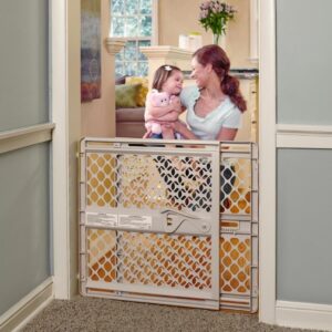 toddleroo by north states supergate ergo child gate, baby gate for stairs and doorways. includes wall cups. pressure or hardware mount. made in usa. (26" tall, sand)