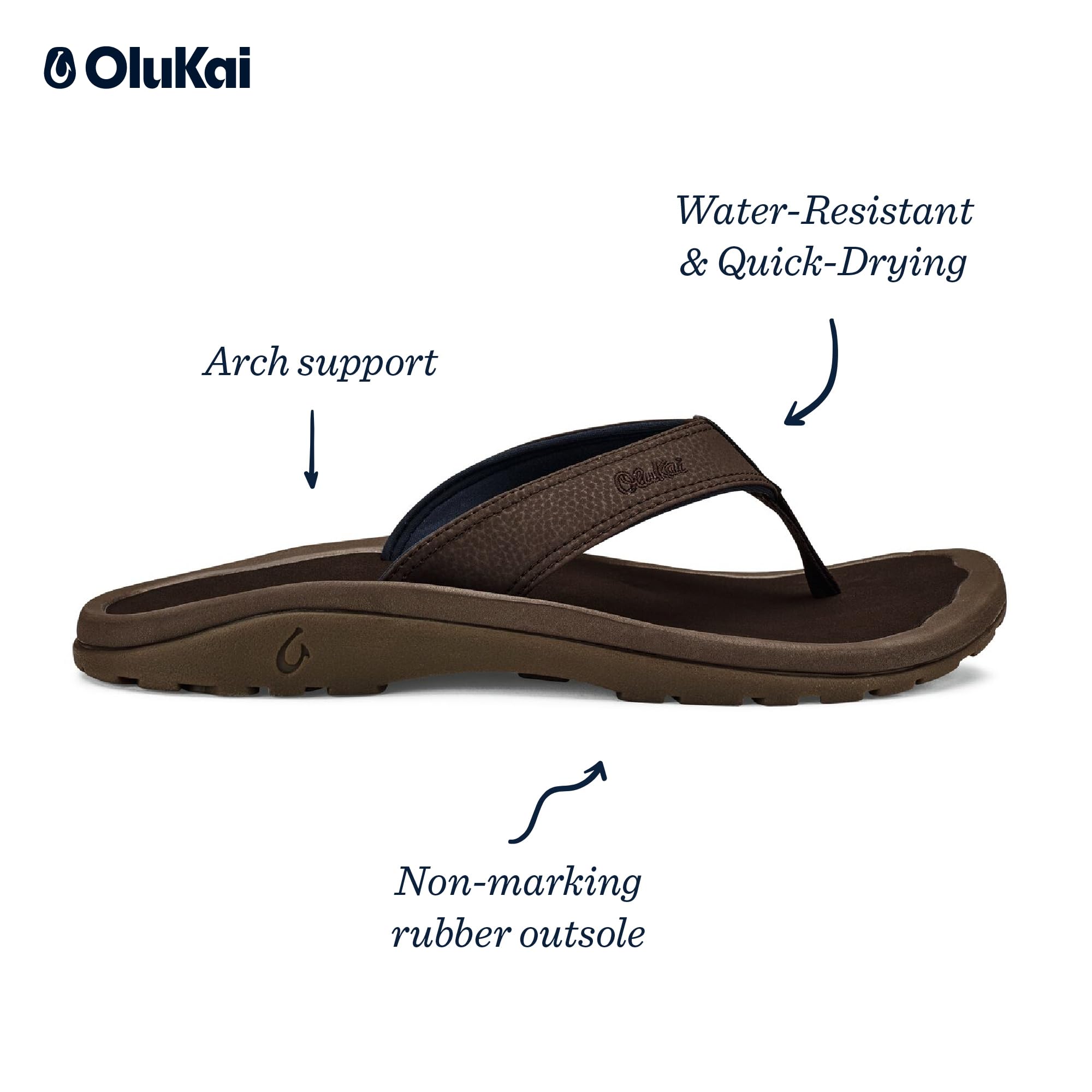 OLUKAI Ohana Men's Beach Sandals, Quick-Dry Flip-Flop Slides, Water Resistant & Lightweight, Compression Molded Footbed & Ultra-Soft Comfort Fit, Dk Wood/Dk Wood, 8