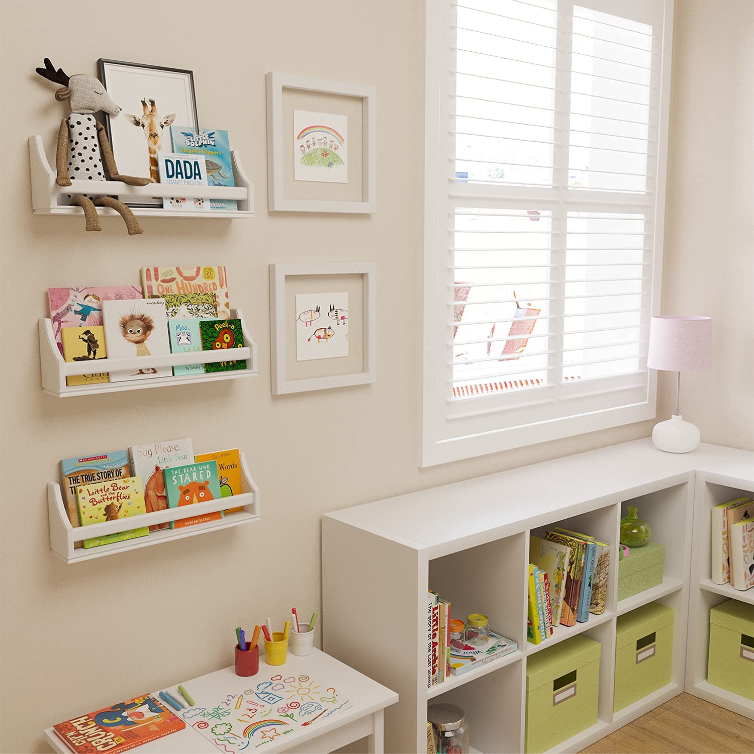 Nursery Décor Wall Shelves – 3 Set Shelf - Crown Molding Floating Bookshelves for Baby and Kids Room Book Organizer Storage Ledge, Display Holder for Toys, CDs, Baby Monitor, Frames