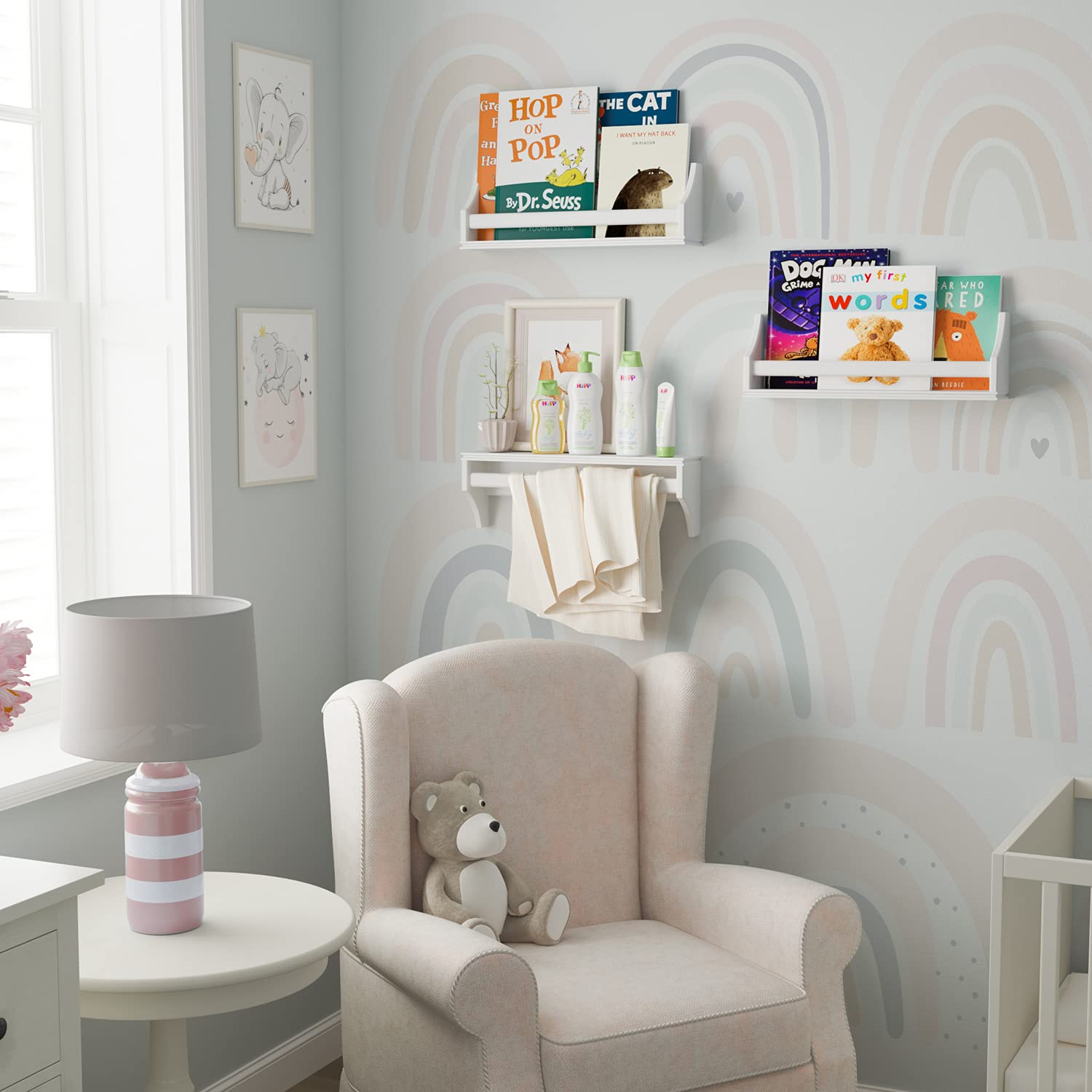 Nursery Décor Wall Shelves – 3 Set Shelf - Crown Molding Floating Bookshelves for Baby and Kids Room Book Organizer Storage Ledge, Display Holder for Toys, CDs, Baby Monitor, Frames