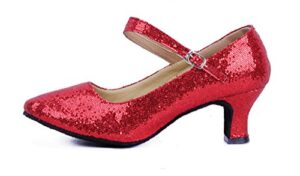 missfiona women's glitter latin ballroom dance shoes pointed-toe y strap dancing heels(6.5, red)