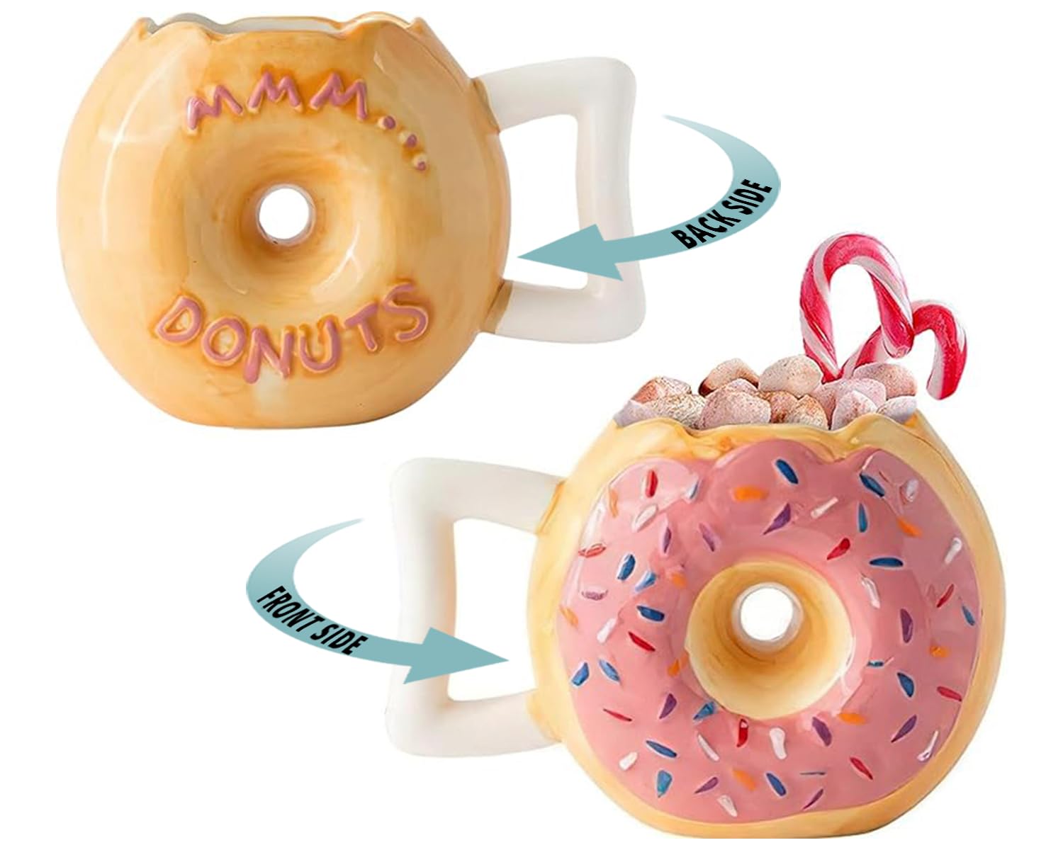 Ceramic Donut Mug - Delicious Pink Glaze Doughnut with Sprinkles - Funny "MMM... Donuts!" Quote - Best Cup For Coffee, Tea, Hot Chocolate and More - Large 14 oz - Funny Coffee Mug Gift - Pink