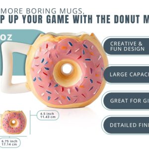 Ceramic Donut Mug - Delicious Pink Glaze Doughnut with Sprinkles - Funny "MMM... Donuts!" Quote - Best Cup For Coffee, Tea, Hot Chocolate and More - Large 14 oz - Funny Coffee Mug Gift - Pink