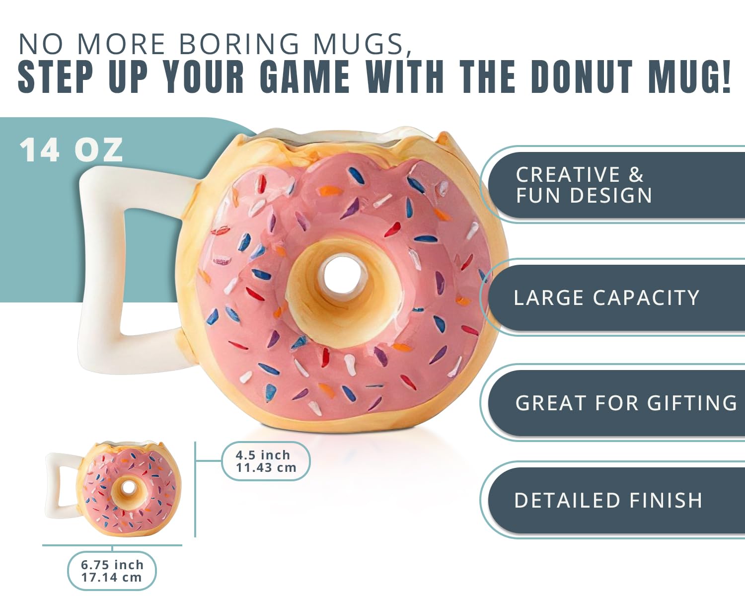 Ceramic Donut Mug - Delicious Pink Glaze Doughnut with Sprinkles - Funny "MMM... Donuts!" Quote - Best Cup For Coffee, Tea, Hot Chocolate and More - Large 14 oz - Funny Coffee Mug Gift - Pink