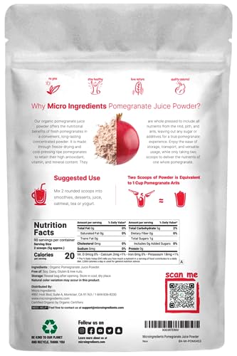 Organic Pomegranate Juice Powder, 1 Pound | 100% Natural Fruit Powder | Freeze Dried & Cold Pressed | No Sugar & Additives | Great Flavor for Drinks, Smoothie, & Beverages | Non-GMO & Vegan Friendly