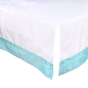 white tailored crib dust ruffle with teal blue dot trim by the peanutshell