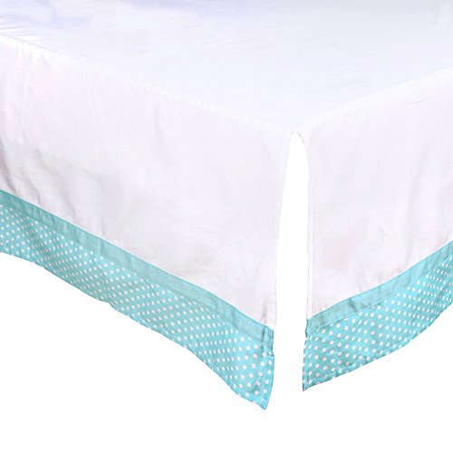 White Tailored Crib Dust Ruffle with Teal Blue Dot Trim by The Peanutshell