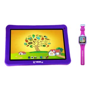 LINSAY® 7" Kids Funny Tablet Purple 64GB Android 12 Wi-Fi with 1.5" Kids Smartwatch 90 Degree Selfie Camera Pink