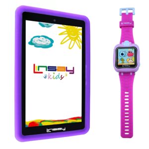 LINSAY® 7" Kids Funny Tablet Purple 64GB Android 12 Wi-Fi with 1.5" Kids Smartwatch 90 Degree Selfie Camera Pink