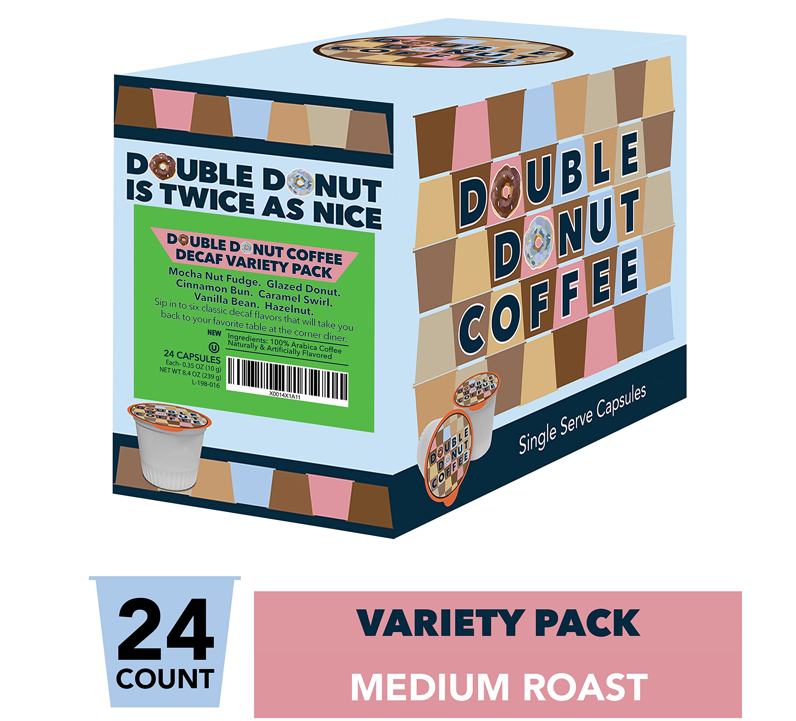 Double Donut Decaf Medium Roast Coffee Pods Variety Pack - 24 Count